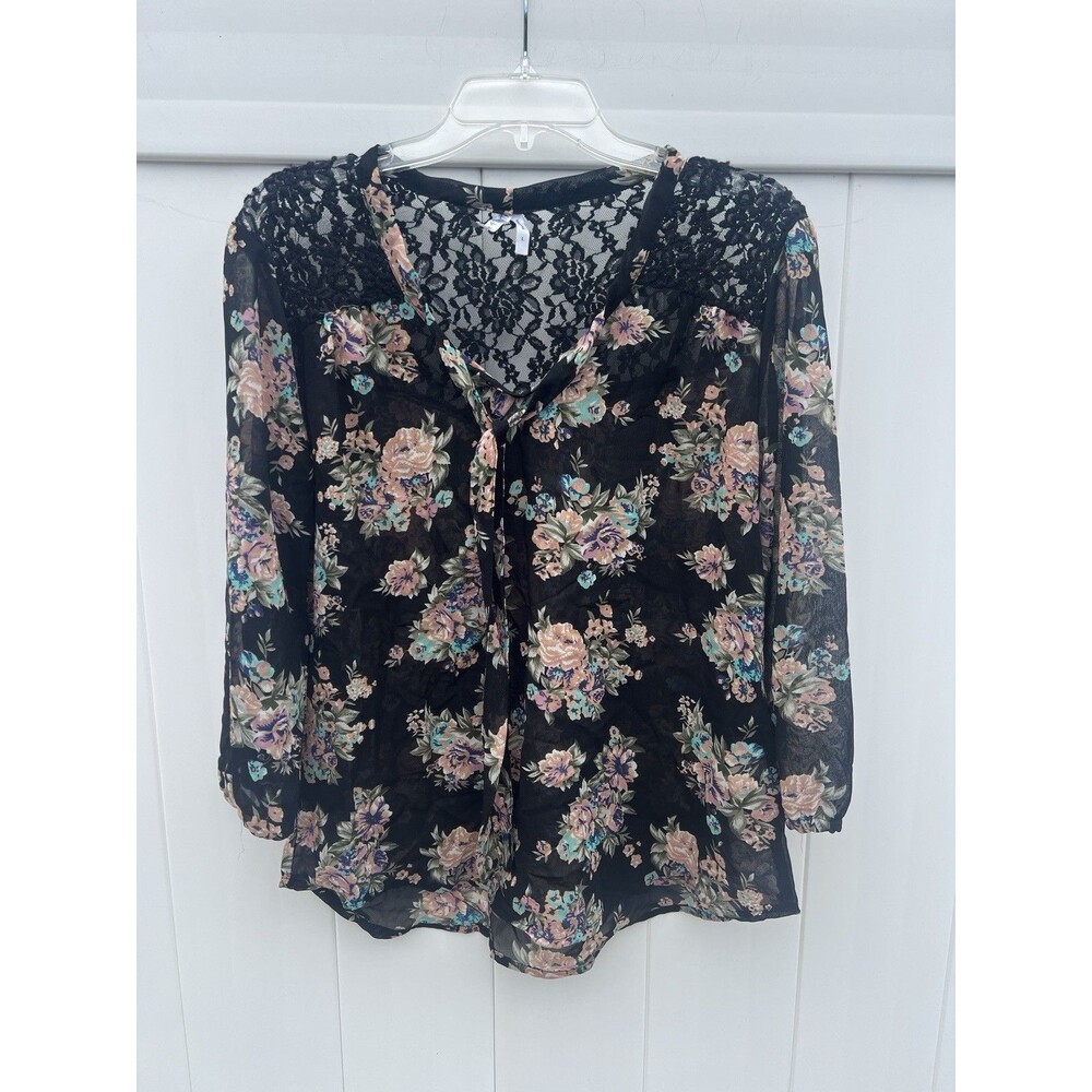 Live 4 Truth Navy Floral Chiffon 3/4 Sleeve Women's Blouse Large Sheer